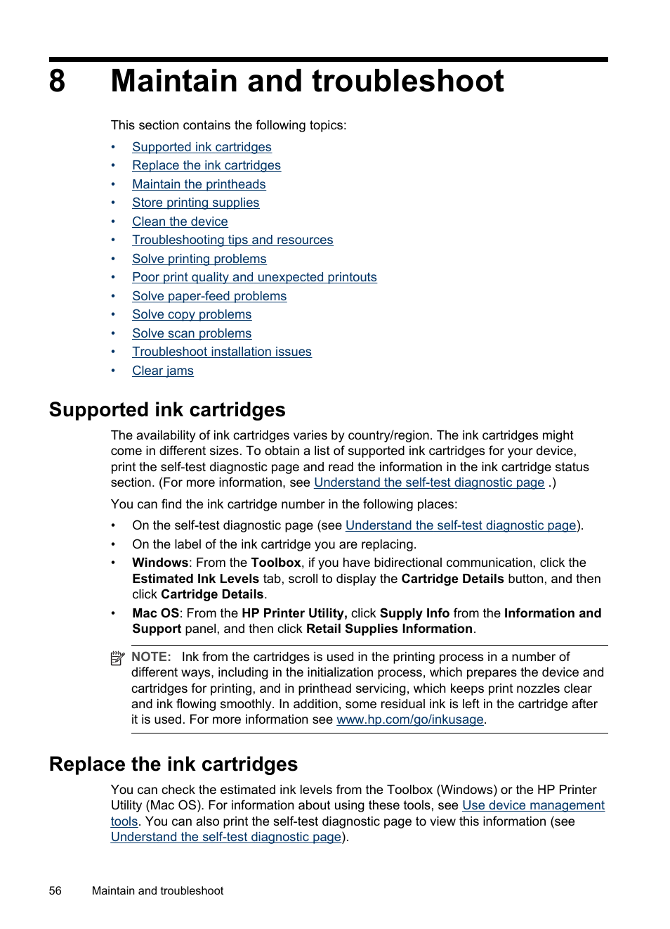 Maintain and troubleshoot, Supported ink cartridges, Replace the ink cartridges | 8 maintain and troubleshoot, 8maintain and troubleshoot | HP Officejet Pro L7480 All-in-One Printer User Manual | Page 60 / 120