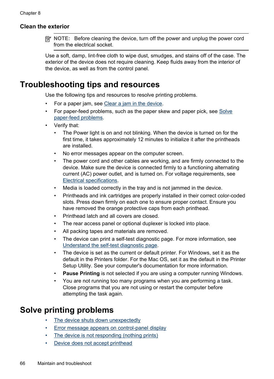 Clean the exterior, Troubleshooting tips and resources, Solve printing problems | HP Officejet Pro L7480 All-in-One Printer User Manual | Page 70 / 120