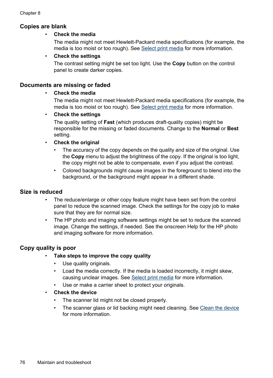 Copies are blank, Documents are missing or faded, Size is reduced | Copy quality is poor | HP Officejet Pro L7480 All-in-One Printer User Manual | Page 80 / 120