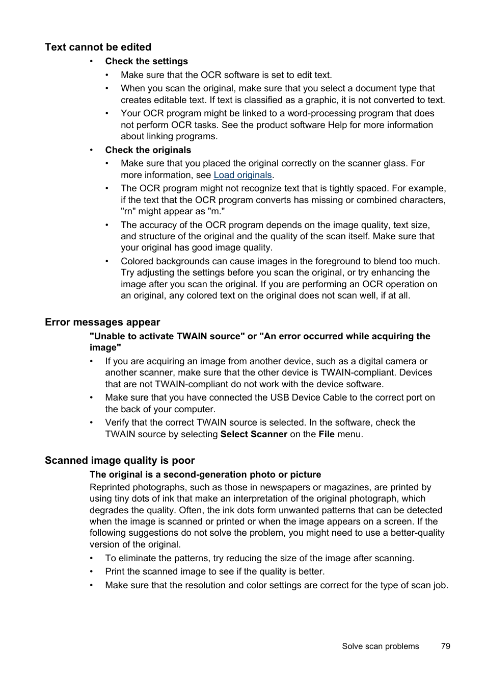 Text cannot be edited, Error messages appear, Scanned image quality is poor | HP Officejet Pro L7480 All-in-One Printer User Manual | Page 83 / 120