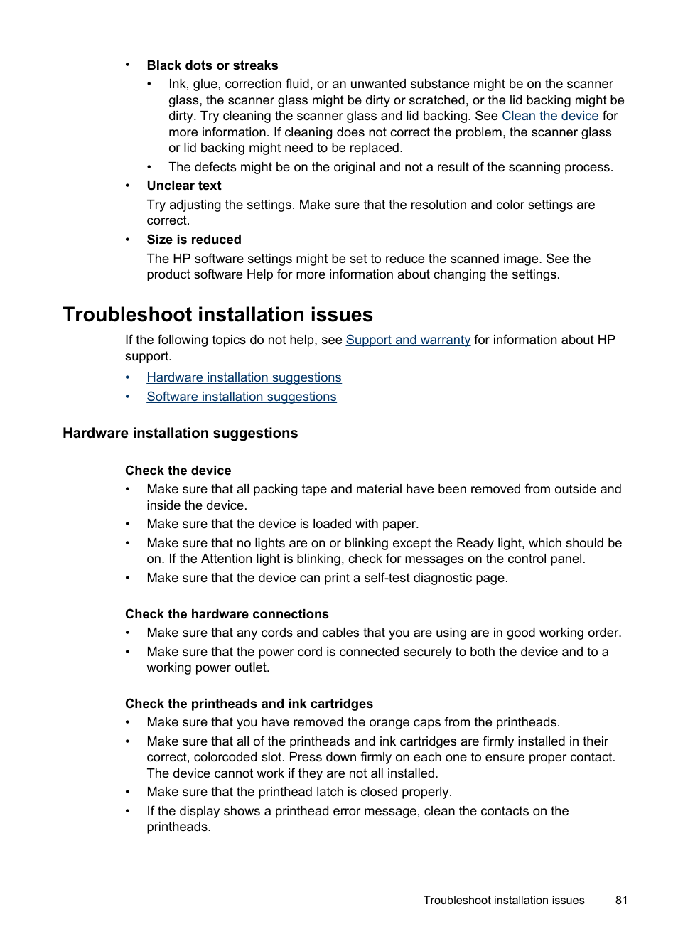 Troubleshoot installation issues, Hardware installation suggestions | HP Officejet Pro L7480 All-in-One Printer User Manual | Page 85 / 120