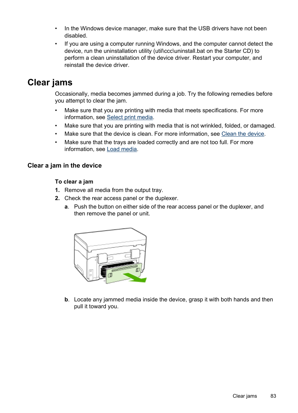 Clear jams, Clear a jam in the device, Clear a jam in the device tips for avoiding jams | On resolving jams, see, Check for jams. see | HP Officejet Pro L7480 All-in-One Printer User Manual | Page 87 / 120