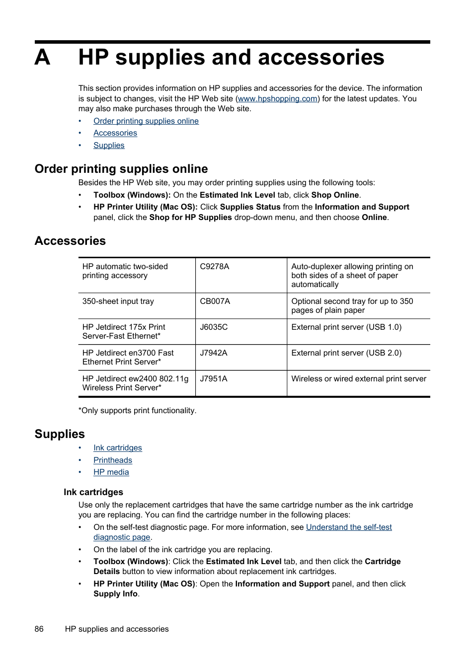 Hp supplies and accessories, Order printing supplies online, Accessories | Supplies, Ink cartridges, A hp supplies and accessories, Ink cartridges printheads hp media, Supplies and accessories, Order, Printing supplies online | HP Officejet Pro L7480 All-in-One Printer User Manual | Page 90 / 120