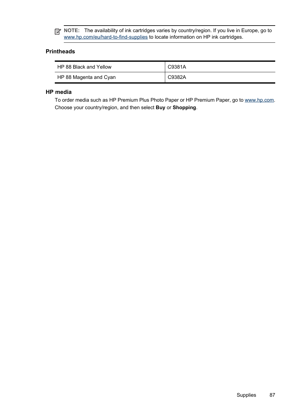 Printheads, Hp media | HP Officejet Pro L7480 All-in-One Printer User Manual | Page 91 / 120