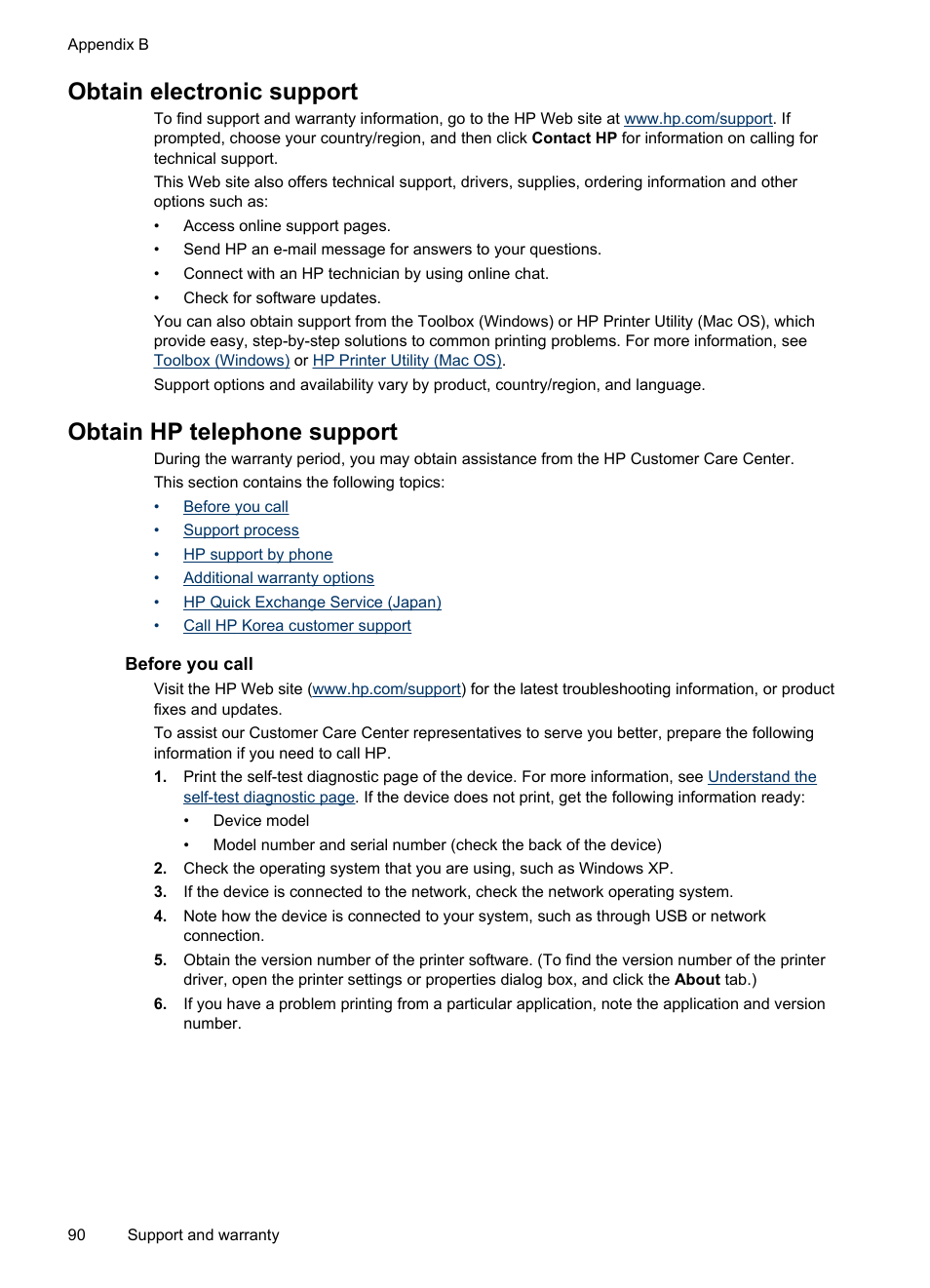 Obtain electronic support, Obtain hp telephone support, Before you call | HP Officejet Pro L7480 All-in-One Printer User Manual | Page 94 / 120