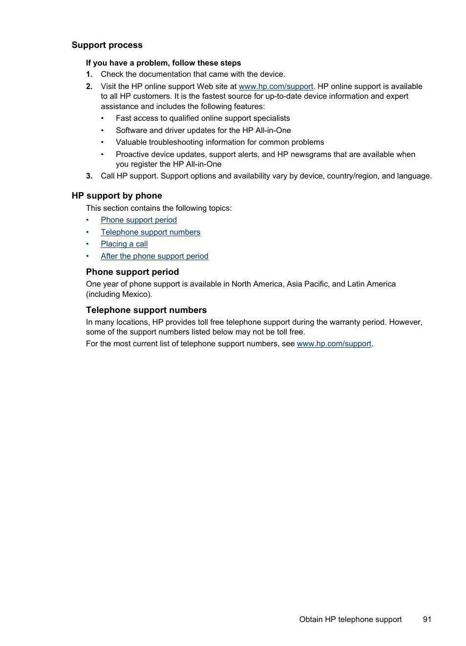 Support process, Hp support by phone, Phone support period | Telephone support numbers | HP Officejet Pro L7480 All-in-One Printer User Manual | Page 95 / 120