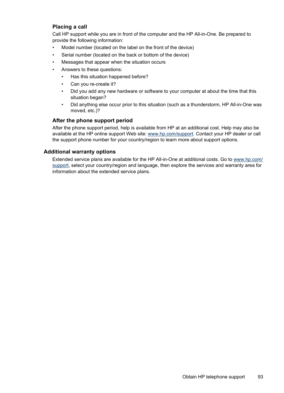 Placing a call, After the phone support period, Additional warranty options | HP Officejet Pro L7480 All-in-One Printer User Manual | Page 97 / 120