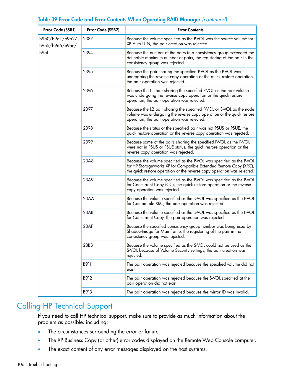 Calling hp technical support | HP XP Business Copy Software User Manual | Page 106 / 113