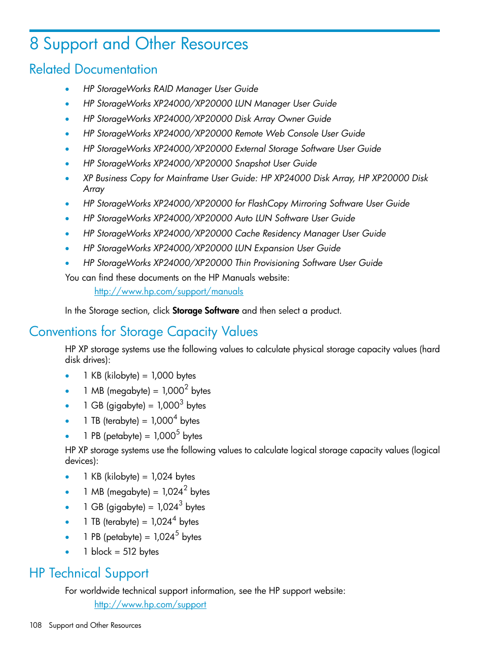 8 support and other resources, Related documentation, Conventions for storage capacity values | Hp technical support | HP XP Business Copy Software User Manual | Page 108 / 113