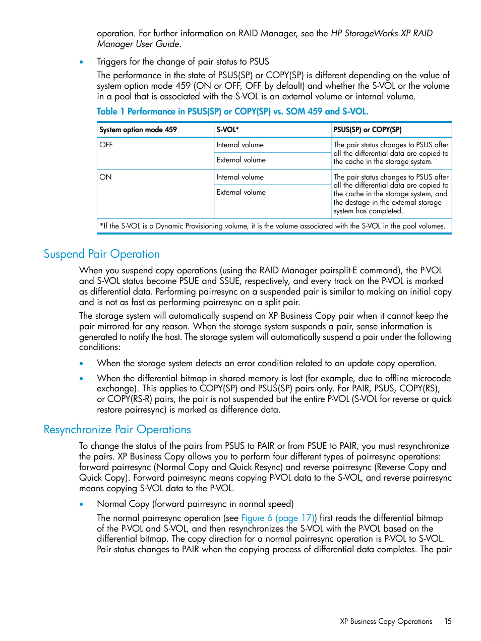 Suspend pair operation, Resynchronize pair operations | HP XP Business Copy Software User Manual | Page 15 / 113