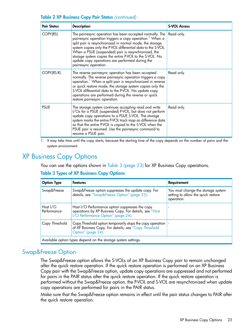 Xp business copy options, Swap&freeze option | HP XP Business Copy Software User Manual | Page 23 / 113