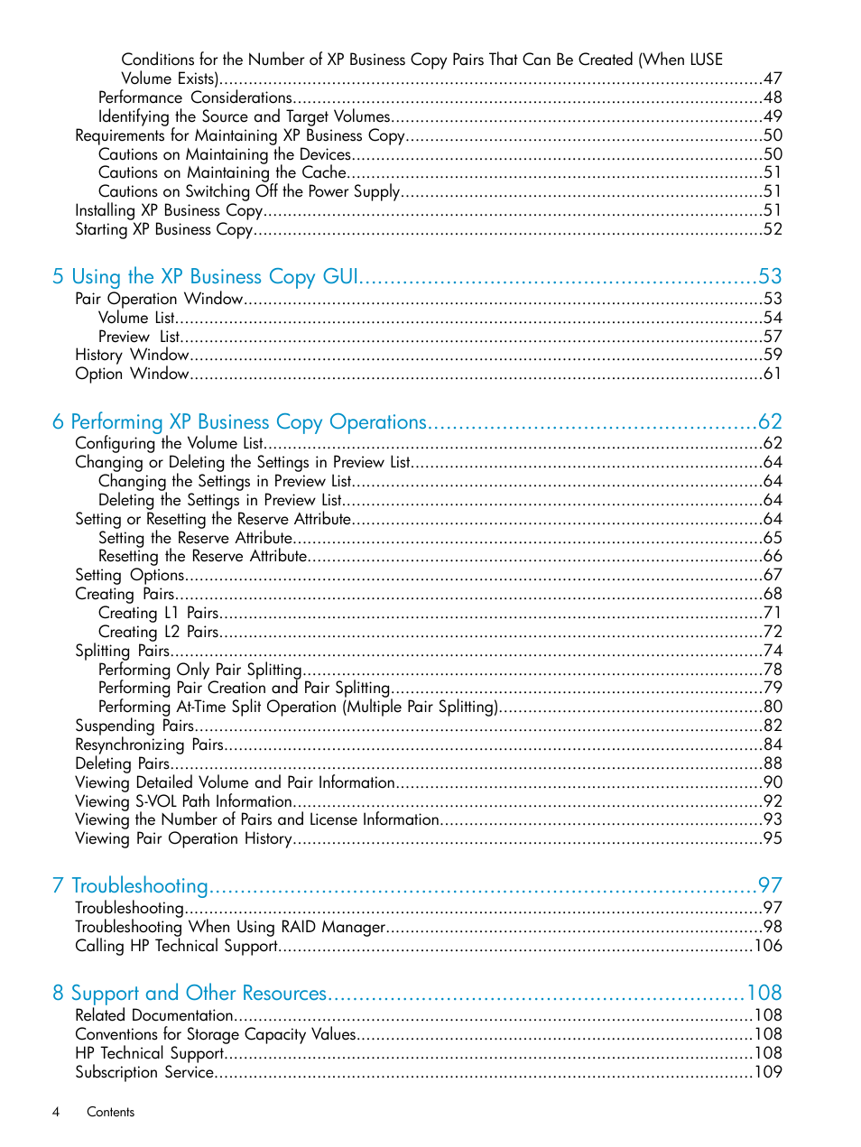 5 using the xp business copy gui, 6 performing xp business copy operations, 7 troubleshooting | 8 support and other resources | HP XP Business Copy Software User Manual | Page 4 / 113