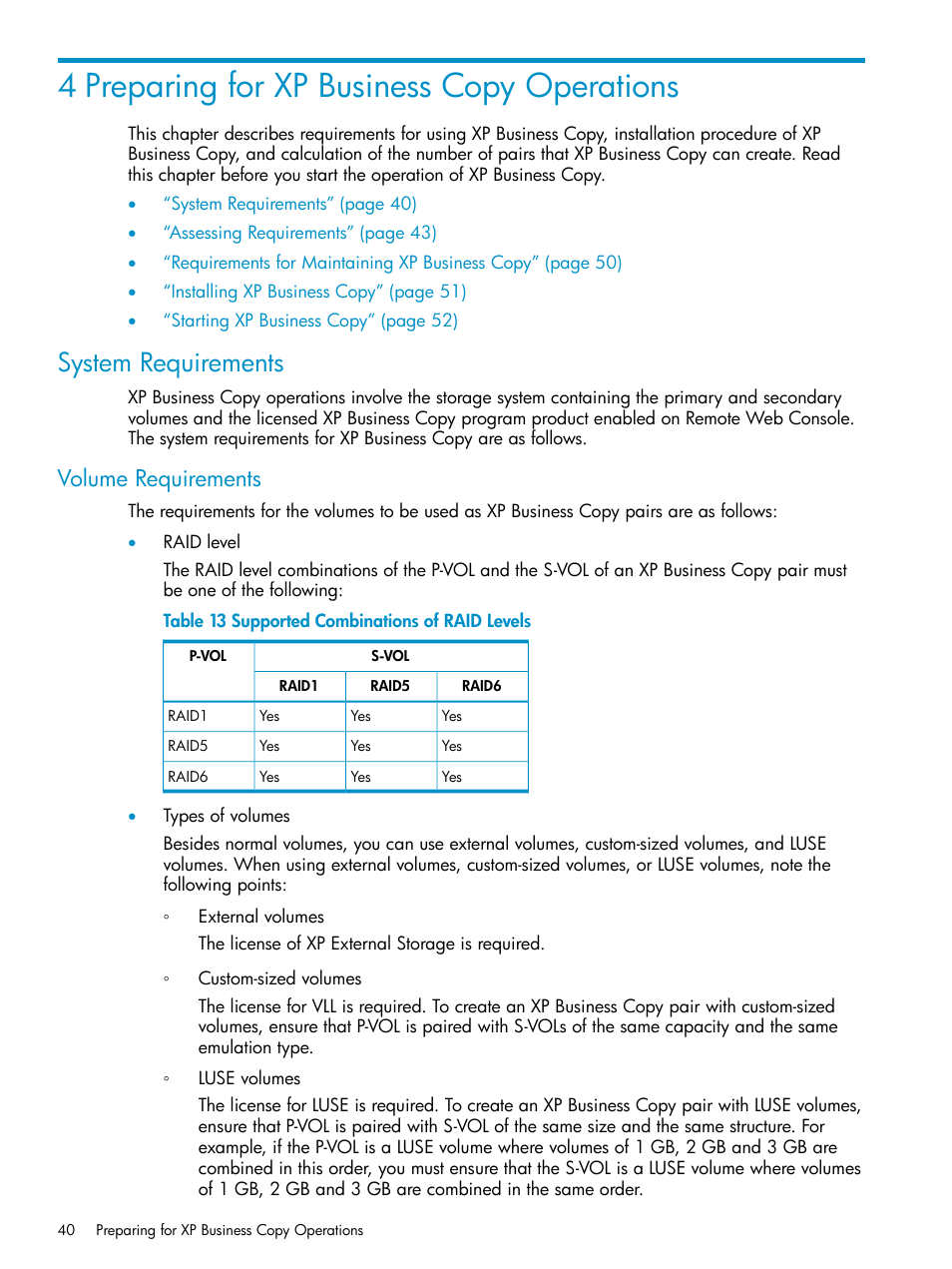 4 preparing for xp business copy operations, System requirements, Volume requirements | HP XP Business Copy Software User Manual | Page 40 / 113