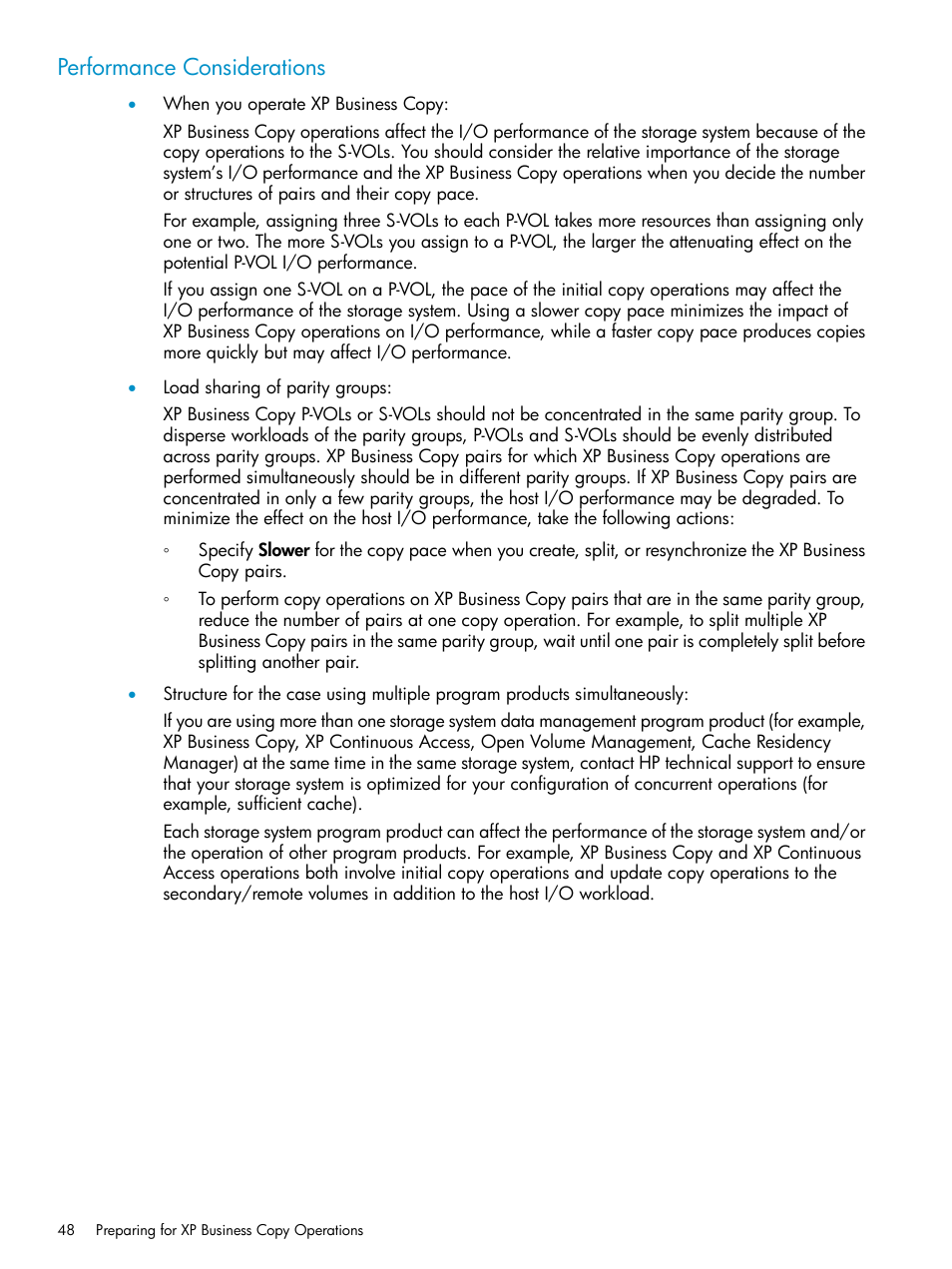 Performance considerations | HP XP Business Copy Software User Manual | Page 48 / 113