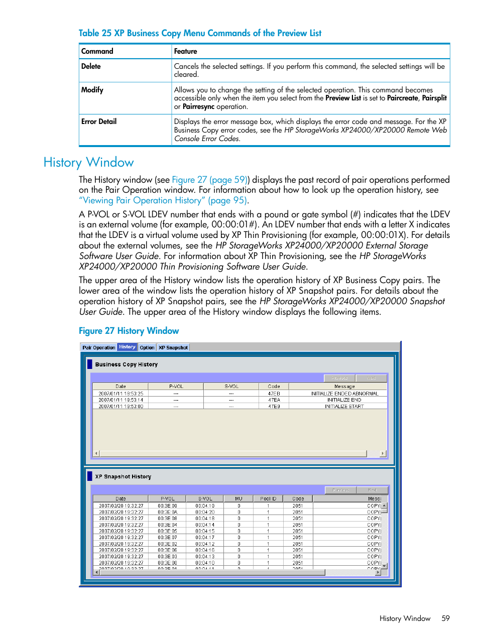 History window | HP XP Business Copy Software User Manual | Page 59 / 113