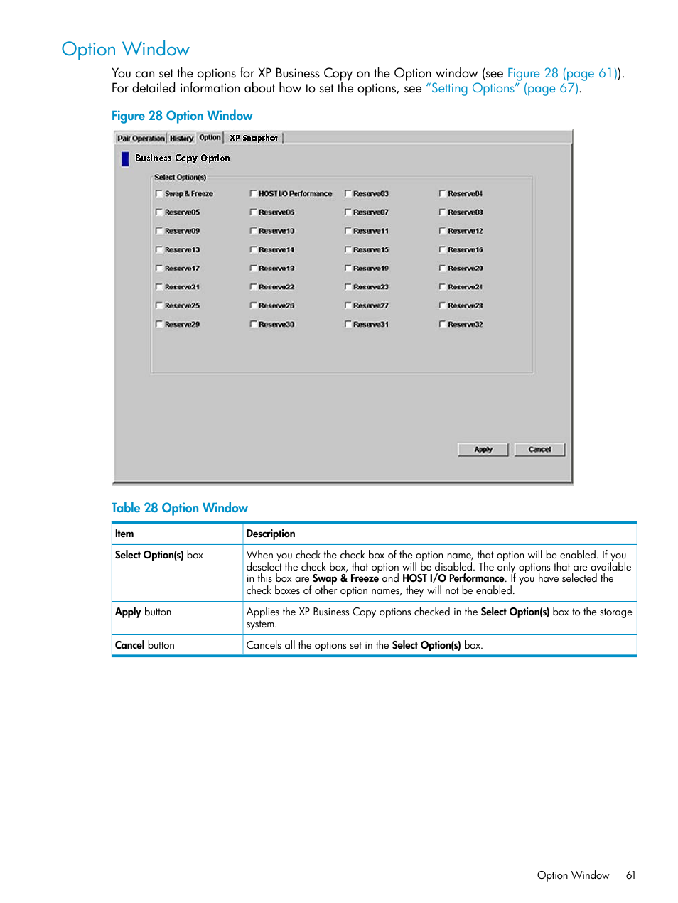 Option window | HP XP Business Copy Software User Manual | Page 61 / 113