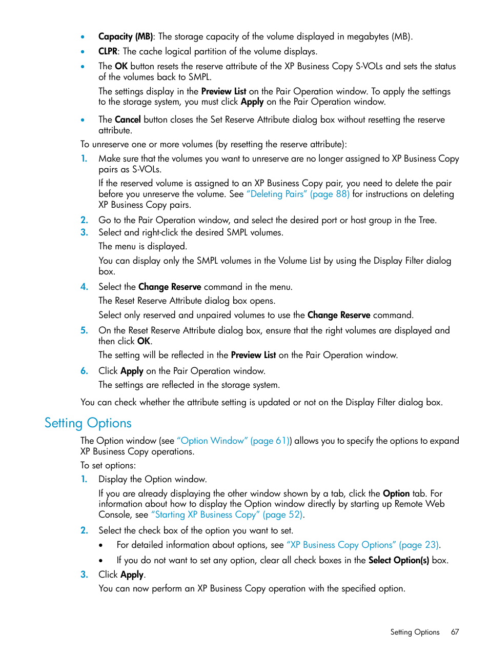 Setting options | HP XP Business Copy Software User Manual | Page 67 / 113
