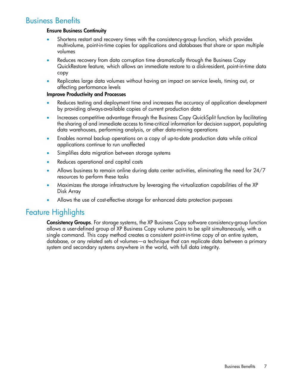 Business benefits, Feature highlights, Business benefits feature highlights | HP XP Business Copy Software User Manual | Page 7 / 113