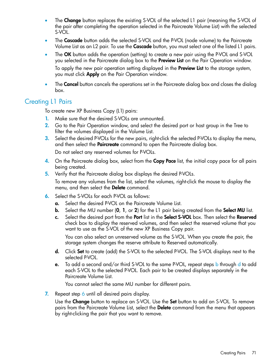 Creating l1 pairs | HP XP Business Copy Software User Manual | Page 71 / 113