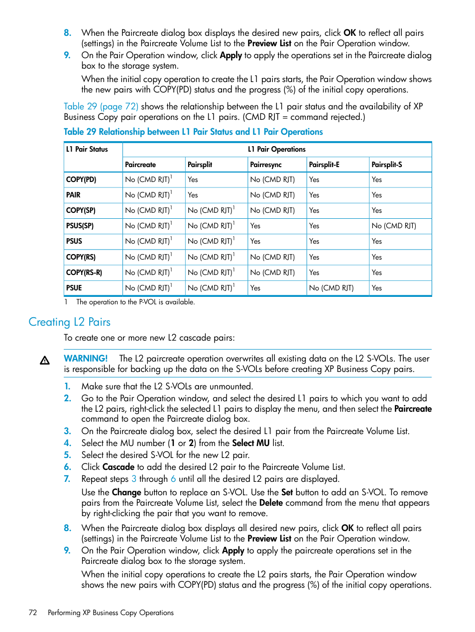 Creating l2 pairs | HP XP Business Copy Software User Manual | Page 72 / 113