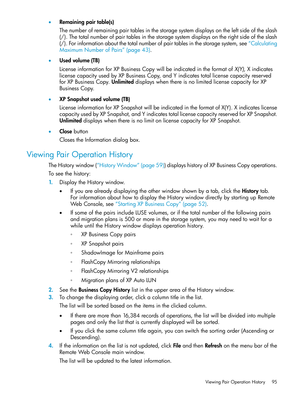 Viewing pair operation history | HP XP Business Copy Software User Manual | Page 95 / 113