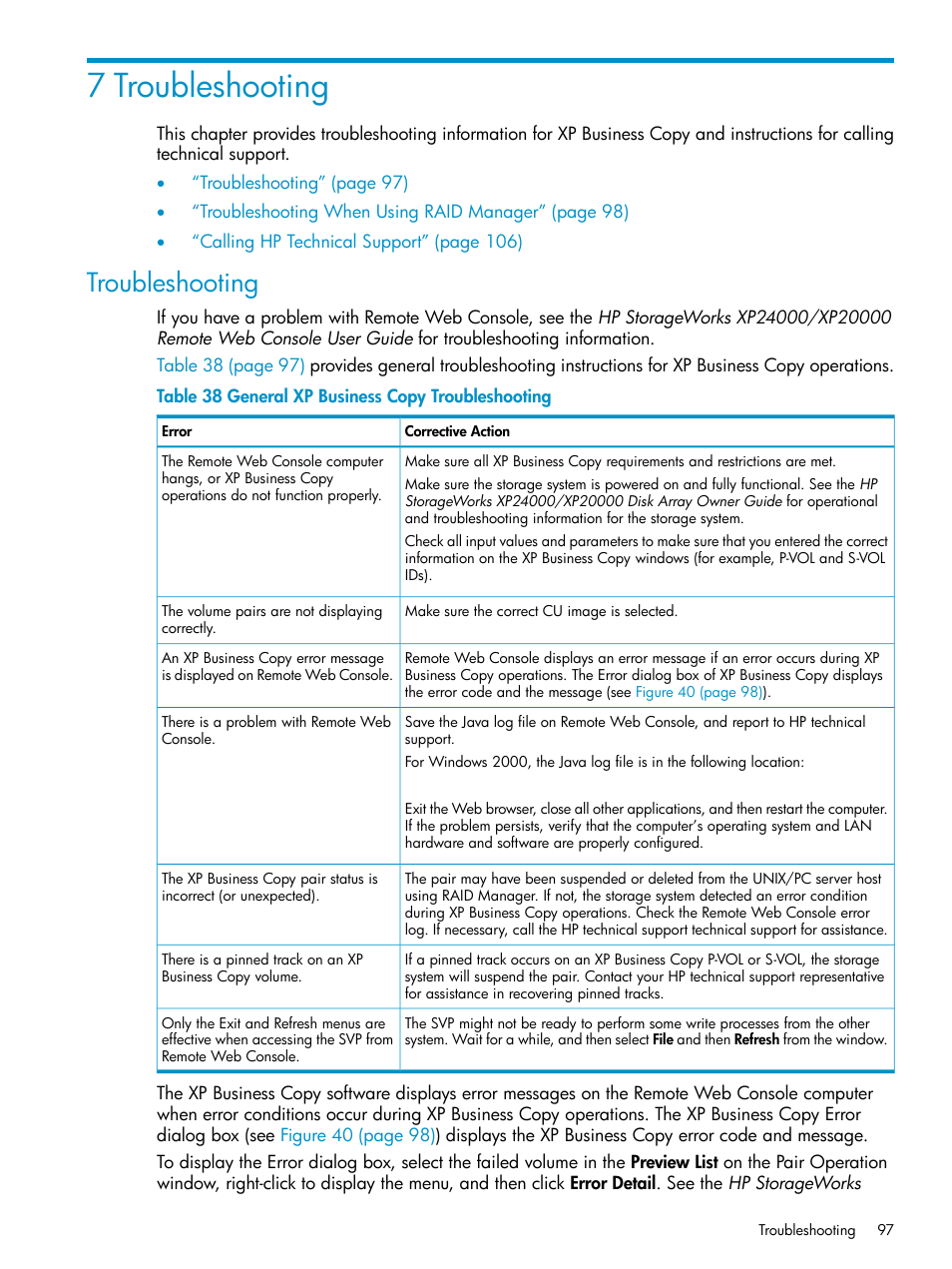 7 troubleshooting, Troubleshooting | HP XP Business Copy Software User Manual | Page 97 / 113