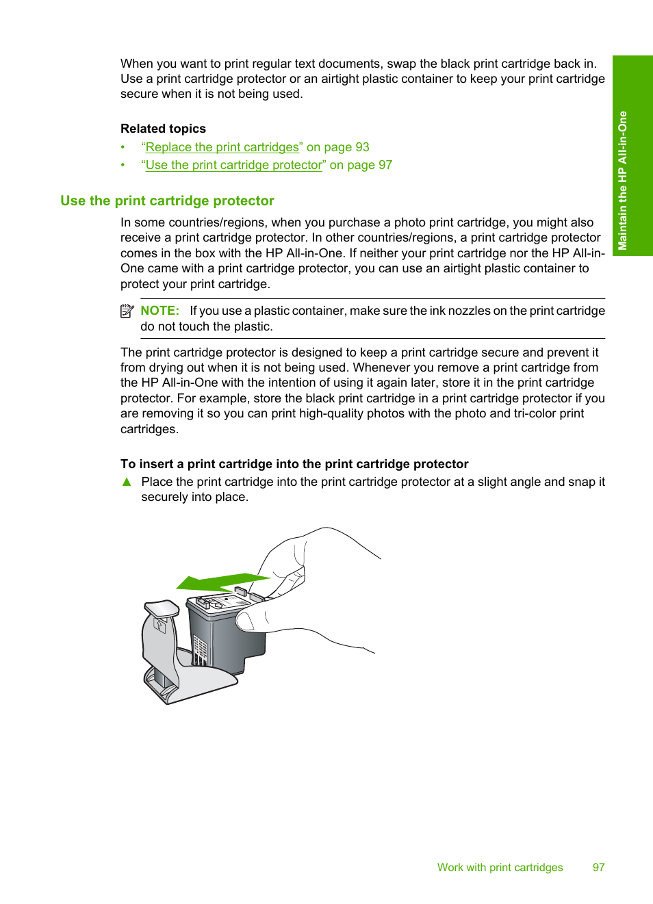 Use the print cartridge protector | HP Photosmart C4344 All-in-One Printer User Manual | Page 100 / 317