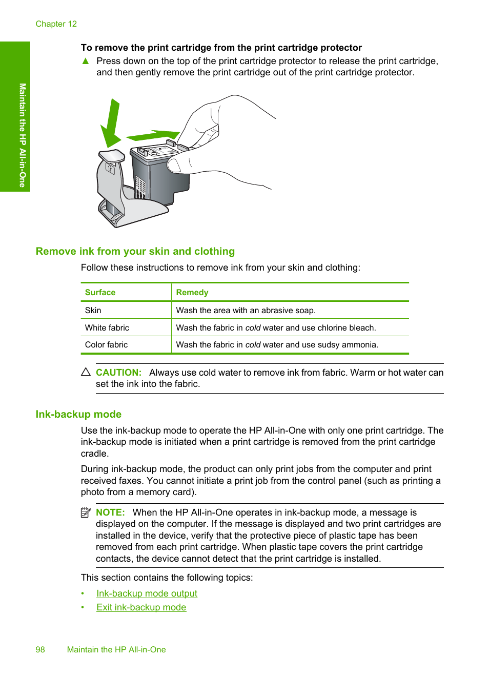 Remove ink from your skin and clothing, Ink-backup mode | HP Photosmart C4344 All-in-One Printer User Manual | Page 101 / 317