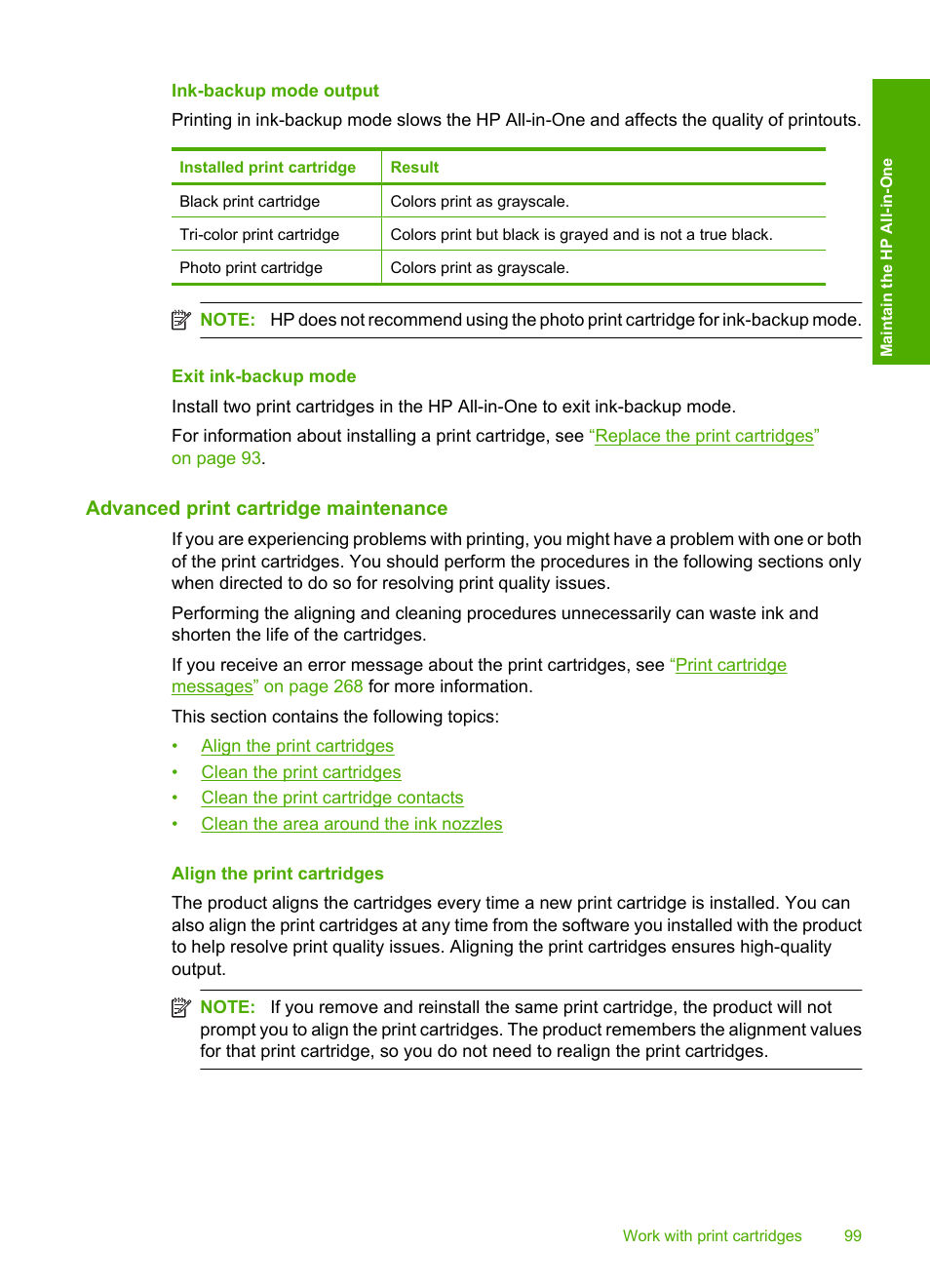 Ink-backup mode output, Exit ink-backup mode, Advanced print cartridge maintenance | Align the print cartridges | HP Photosmart C4344 All-in-One Printer User Manual | Page 102 / 317