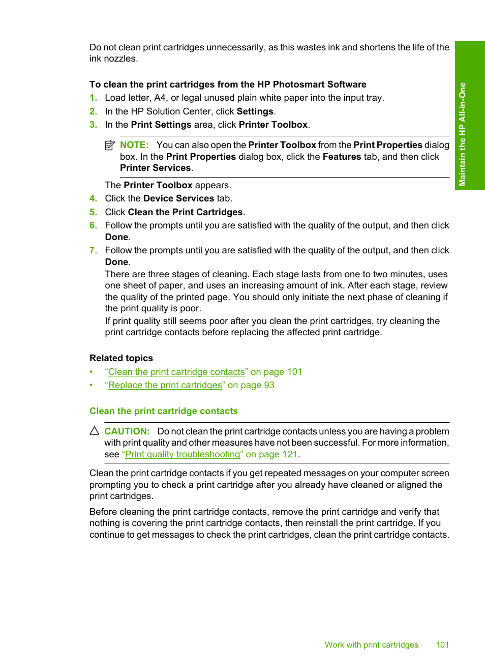 Clean the print cartridge contacts | HP Photosmart C4344 All-in-One Printer User Manual | Page 104 / 317