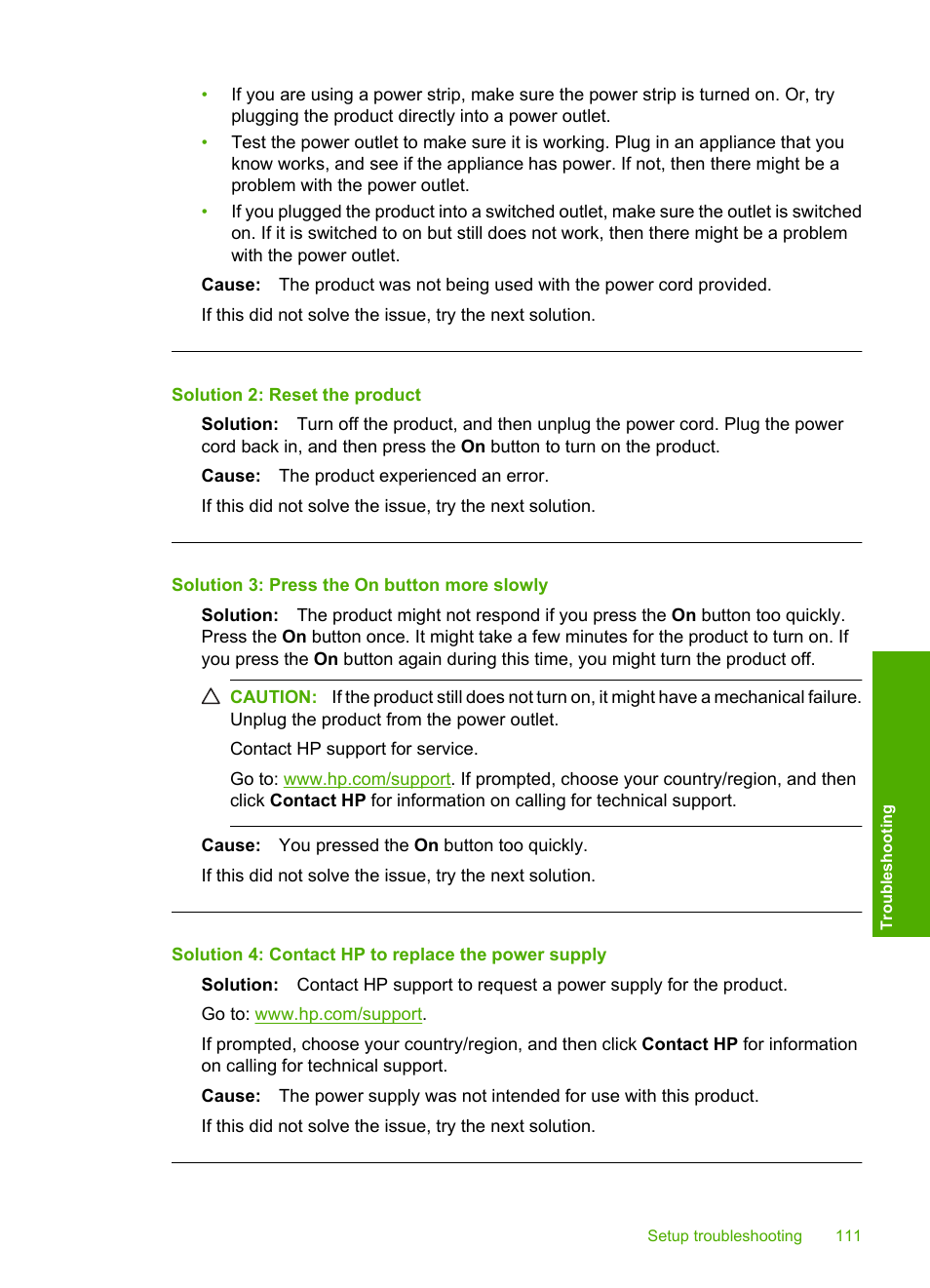 Solution 2: reset the product, Solution 3: press the on button more slowly, Solution 4: contact hp to replace the power supply | HP Photosmart C4344 All-in-One Printer User Manual | Page 114 / 317