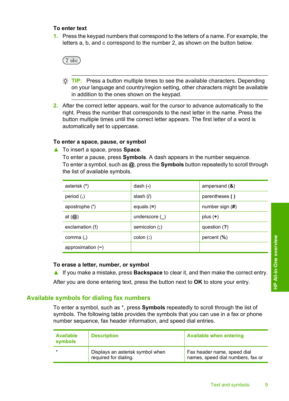 Available symbols for dialing fax numbers | HP Photosmart C4344 All-in-One Printer User Manual | Page 12 / 317