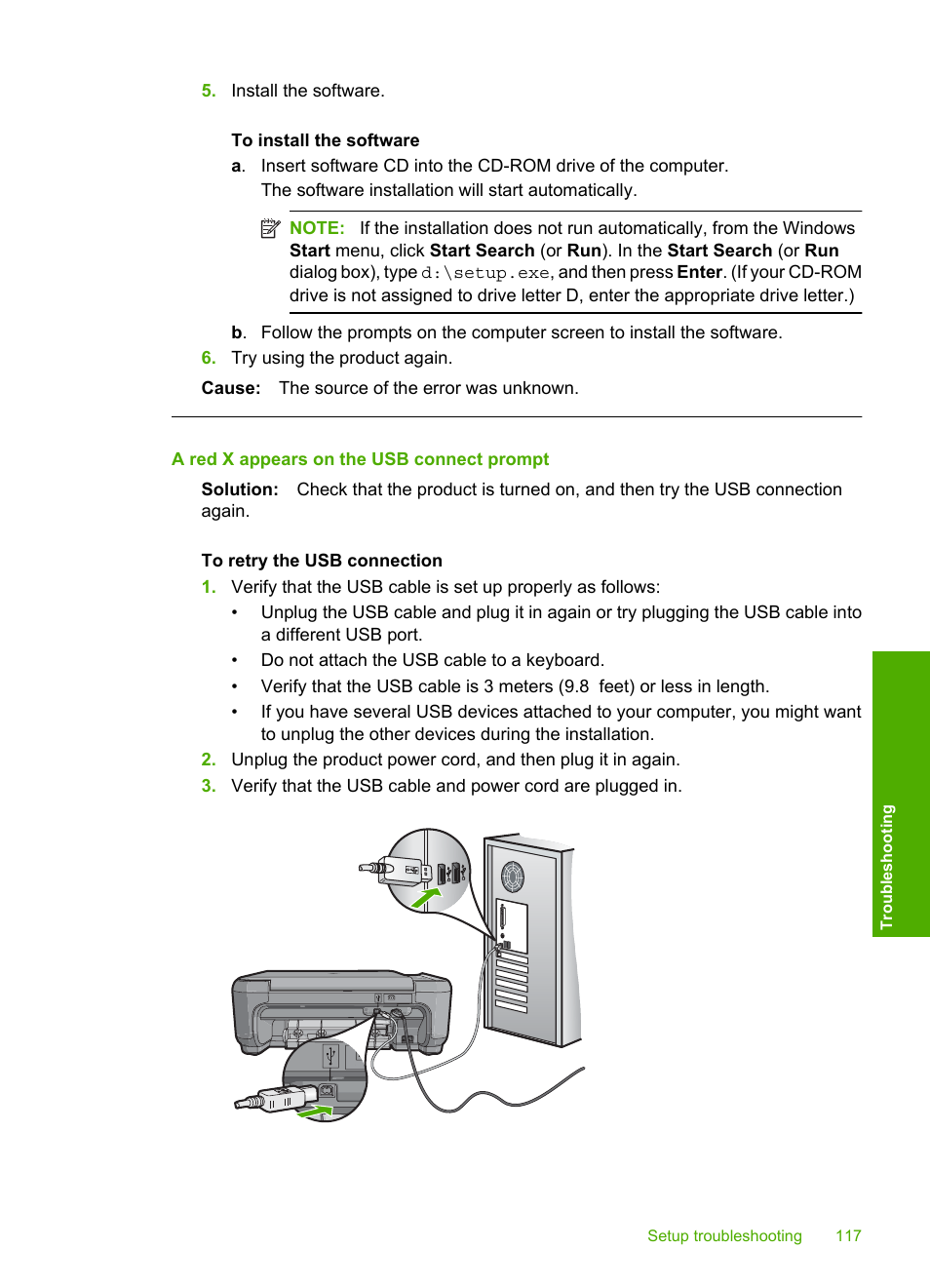 A red x appears on the usb connect prompt | HP Photosmart C4344 All-in-One Printer User Manual | Page 120 / 317