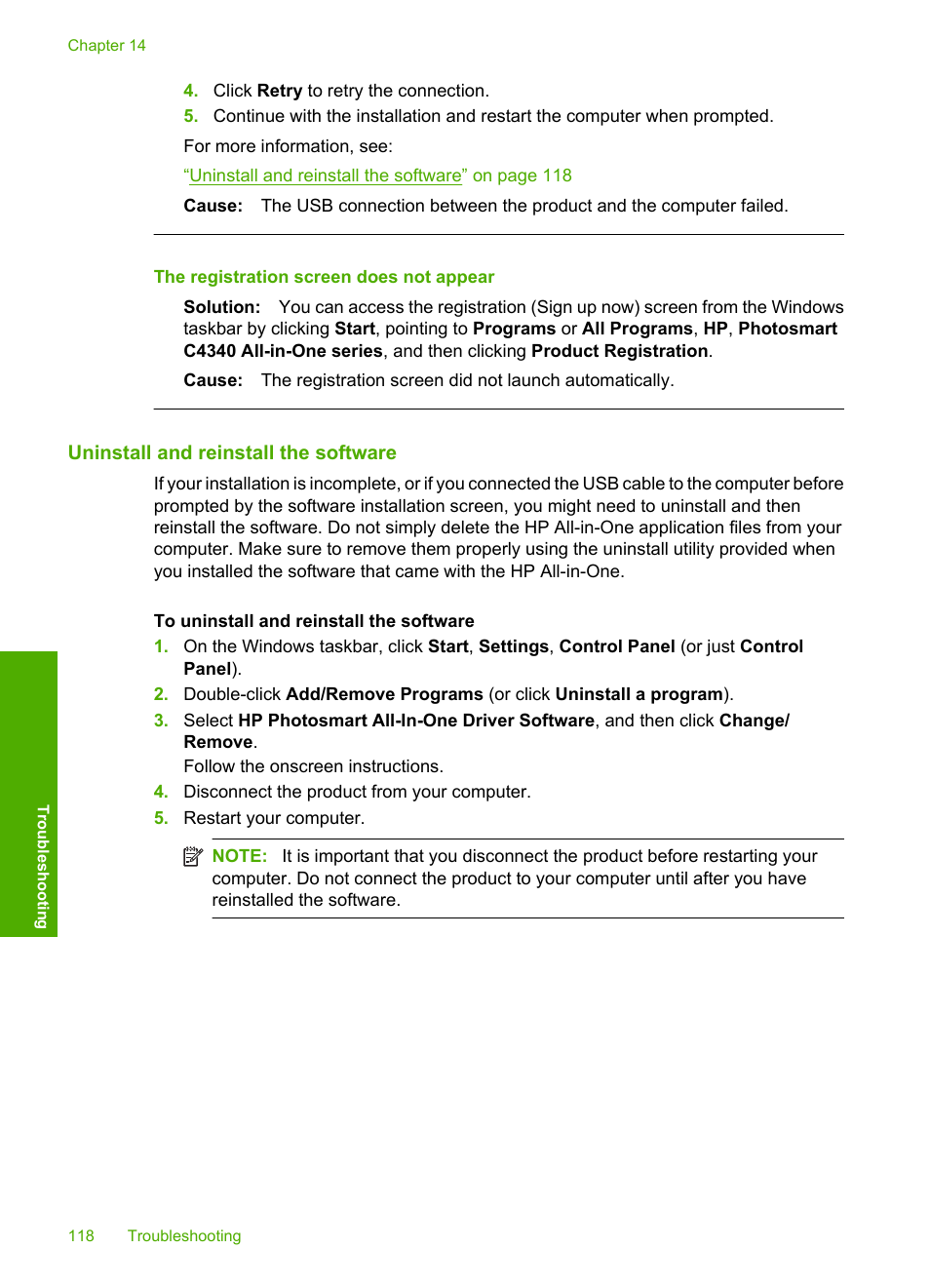 Uninstall and reinstall the software, The registration screen does not appear | HP Photosmart C4344 All-in-One Printer User Manual | Page 121 / 317