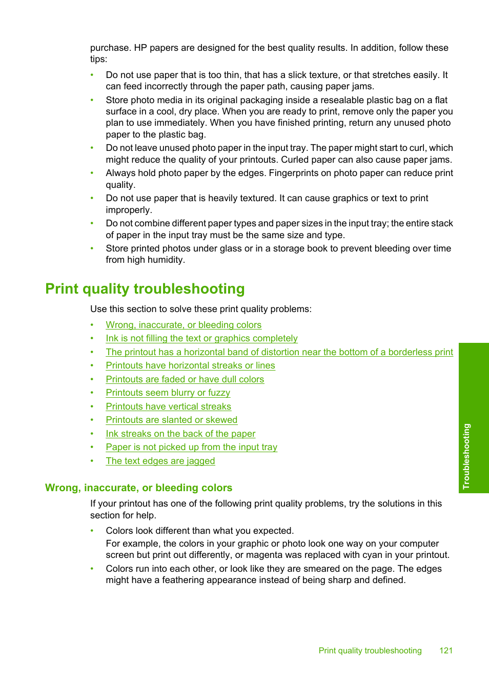 Print quality troubleshooting, Wrong, inaccurate, or bleeding colors | HP Photosmart C4344 All-in-One Printer User Manual | Page 124 / 317