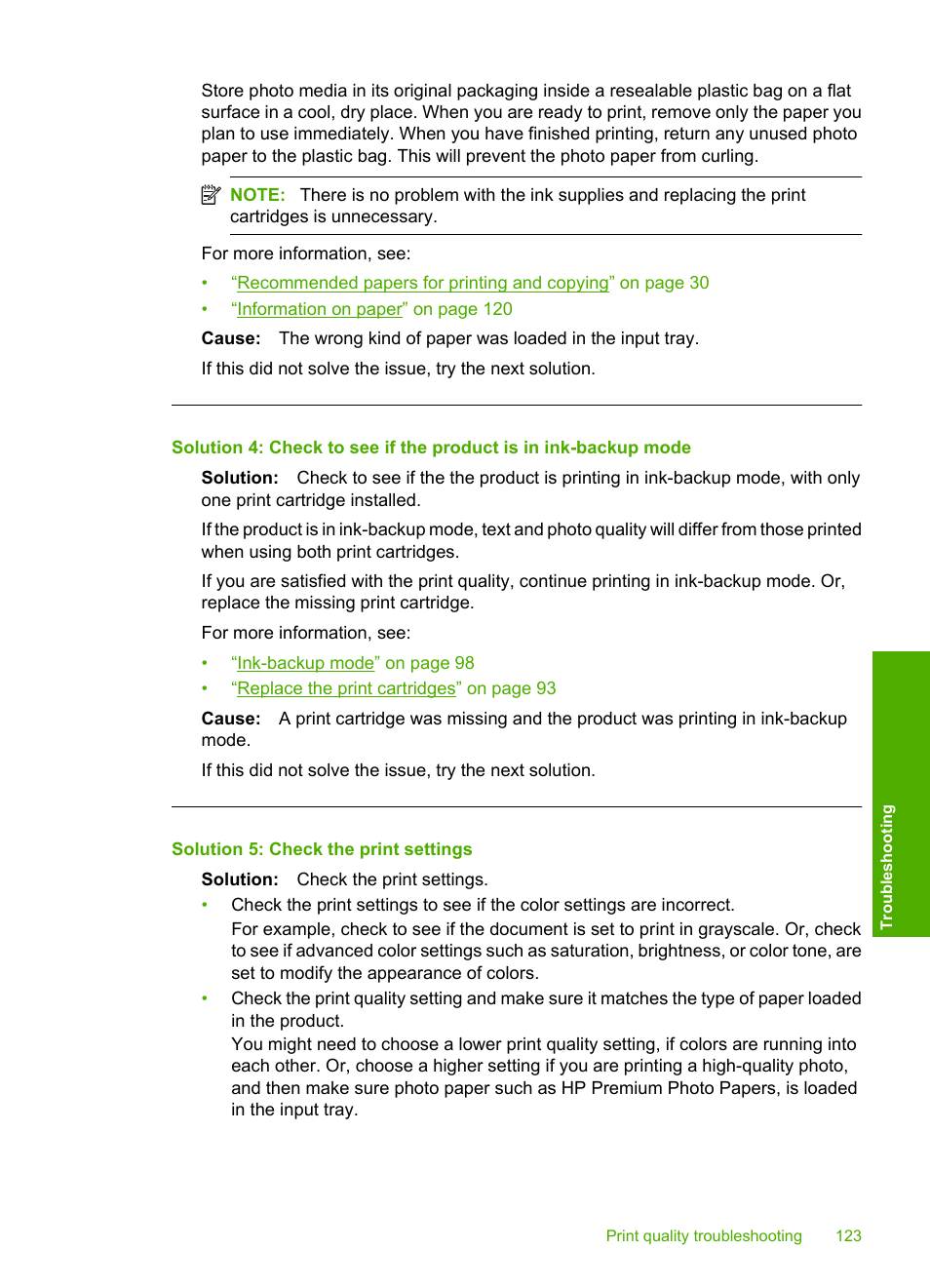 Solution 5: check the print settings | HP Photosmart C4344 All-in-One Printer User Manual | Page 126 / 317