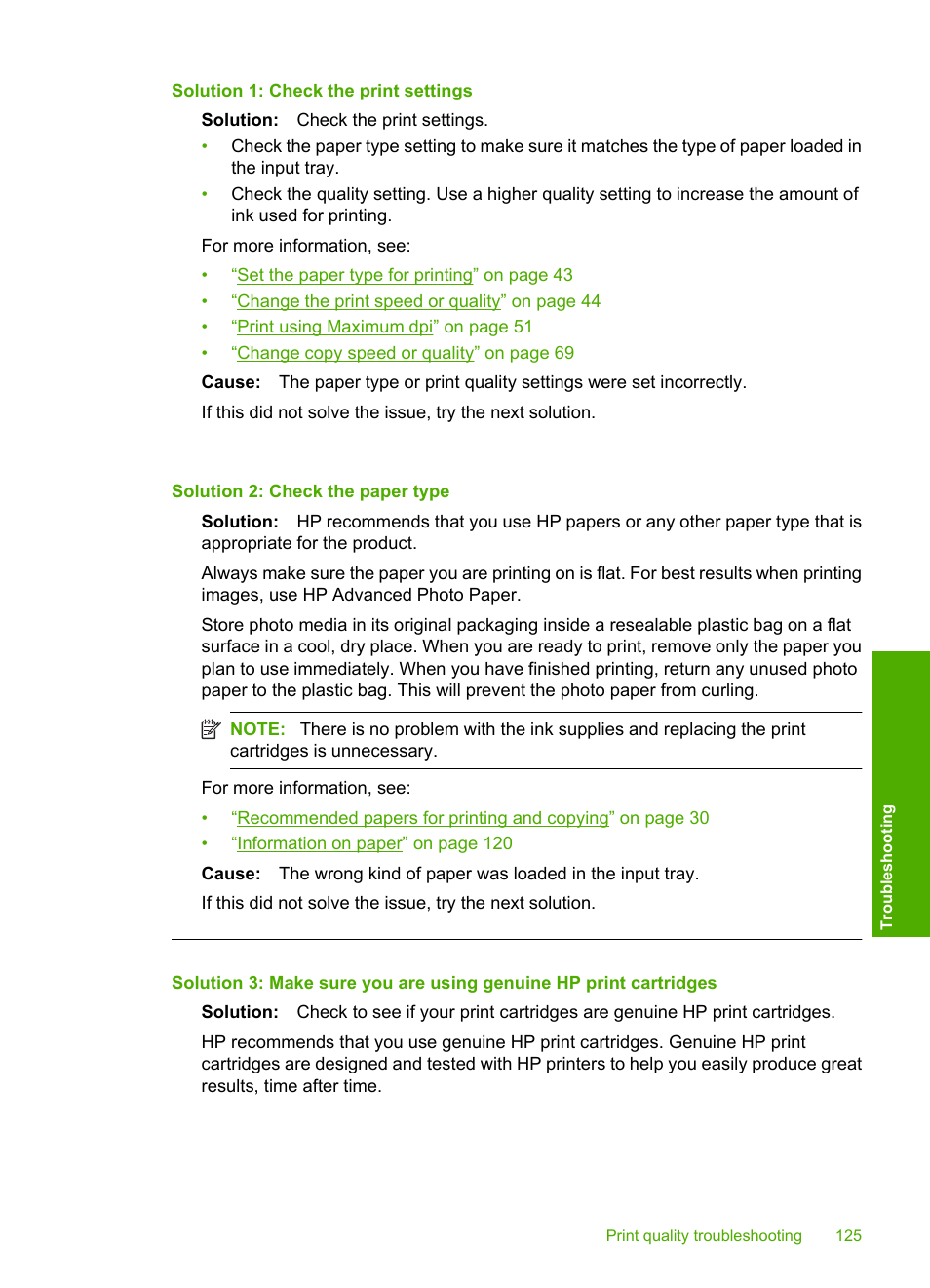 Solution 1: check the print settings, Solution 2: check the paper type | HP Photosmart C4344 All-in-One Printer User Manual | Page 128 / 317