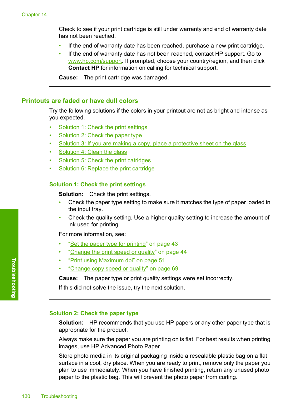 Printouts are faded or have dull colors | HP Photosmart C4344 All-in-One Printer User Manual | Page 133 / 317