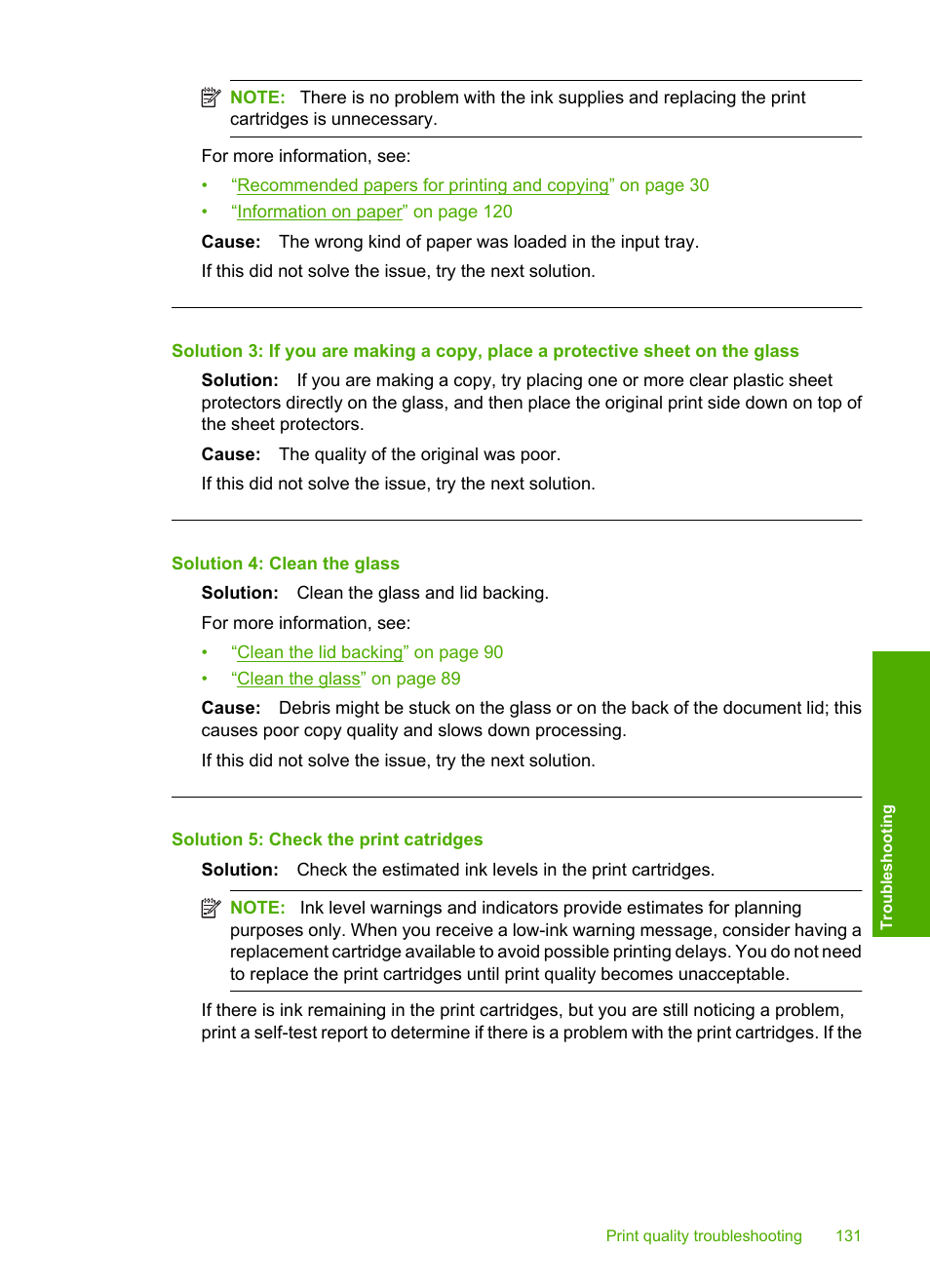 Solution 4: clean the glass, Solution 5: check the print catridges | HP Photosmart C4344 All-in-One Printer User Manual | Page 134 / 317