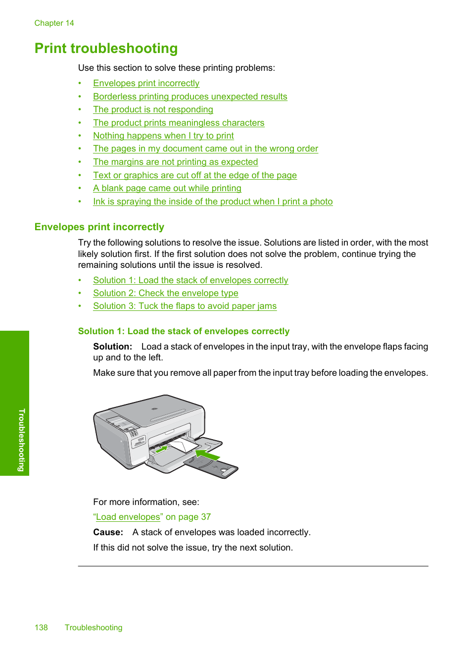 Print troubleshooting, Envelopes print incorrectly | HP Photosmart C4344 All-in-One Printer User Manual | Page 141 / 317