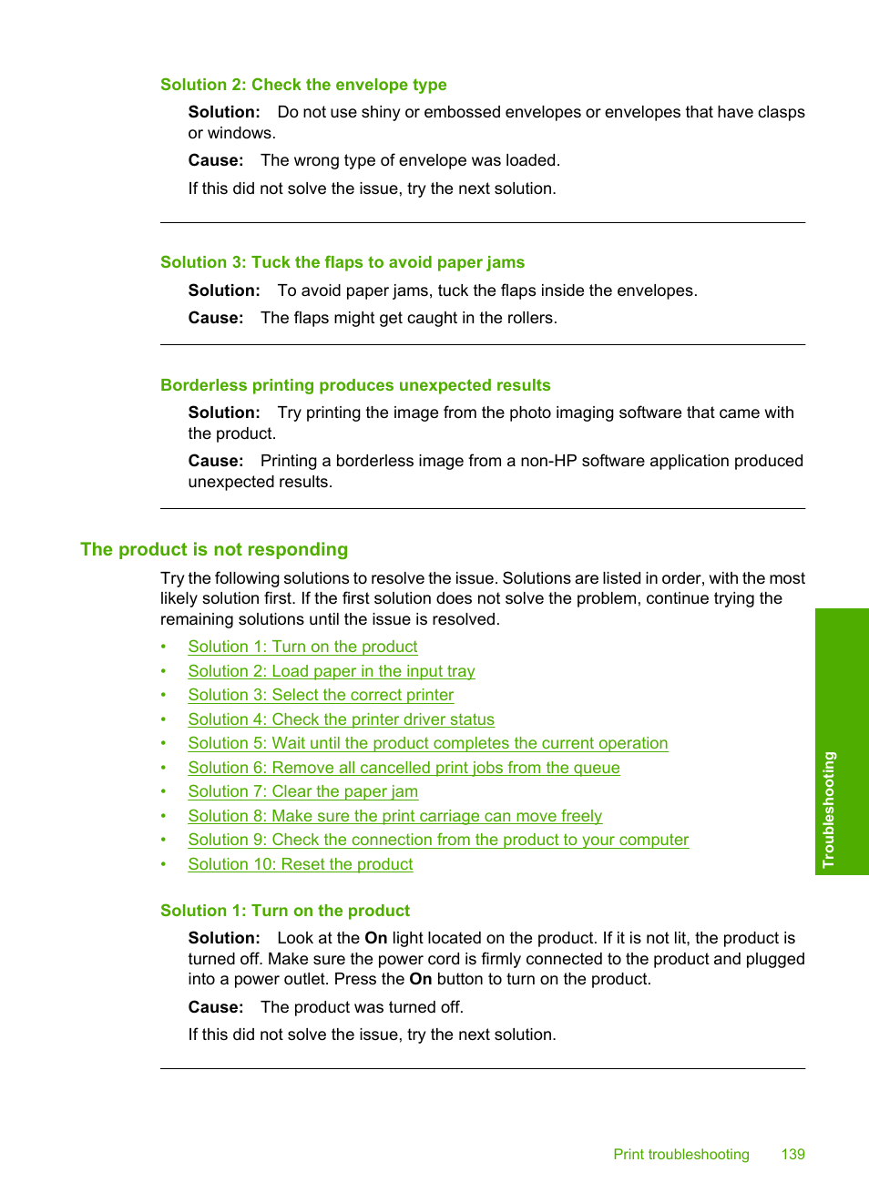The product is not responding, Borderless printing produces unexpected results, Solution 2: check the envelope type | Solution 3: tuck the flaps to avoid paper jams | HP Photosmart C4344 All-in-One Printer User Manual | Page 142 / 317