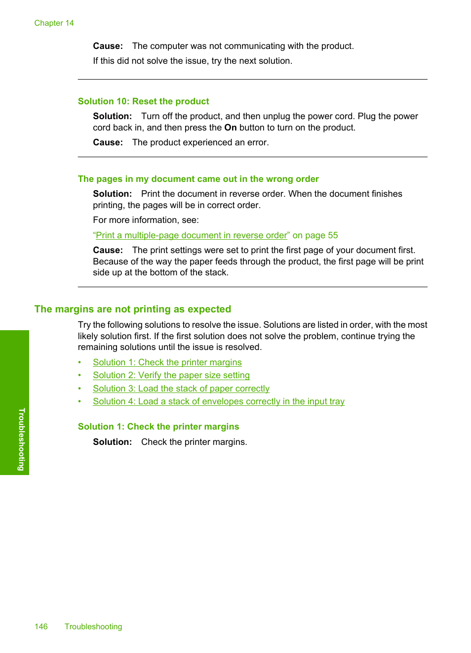 The margins are not printing as expected, Solution 10: reset the product | HP Photosmart C4344 All-in-One Printer User Manual | Page 149 / 317