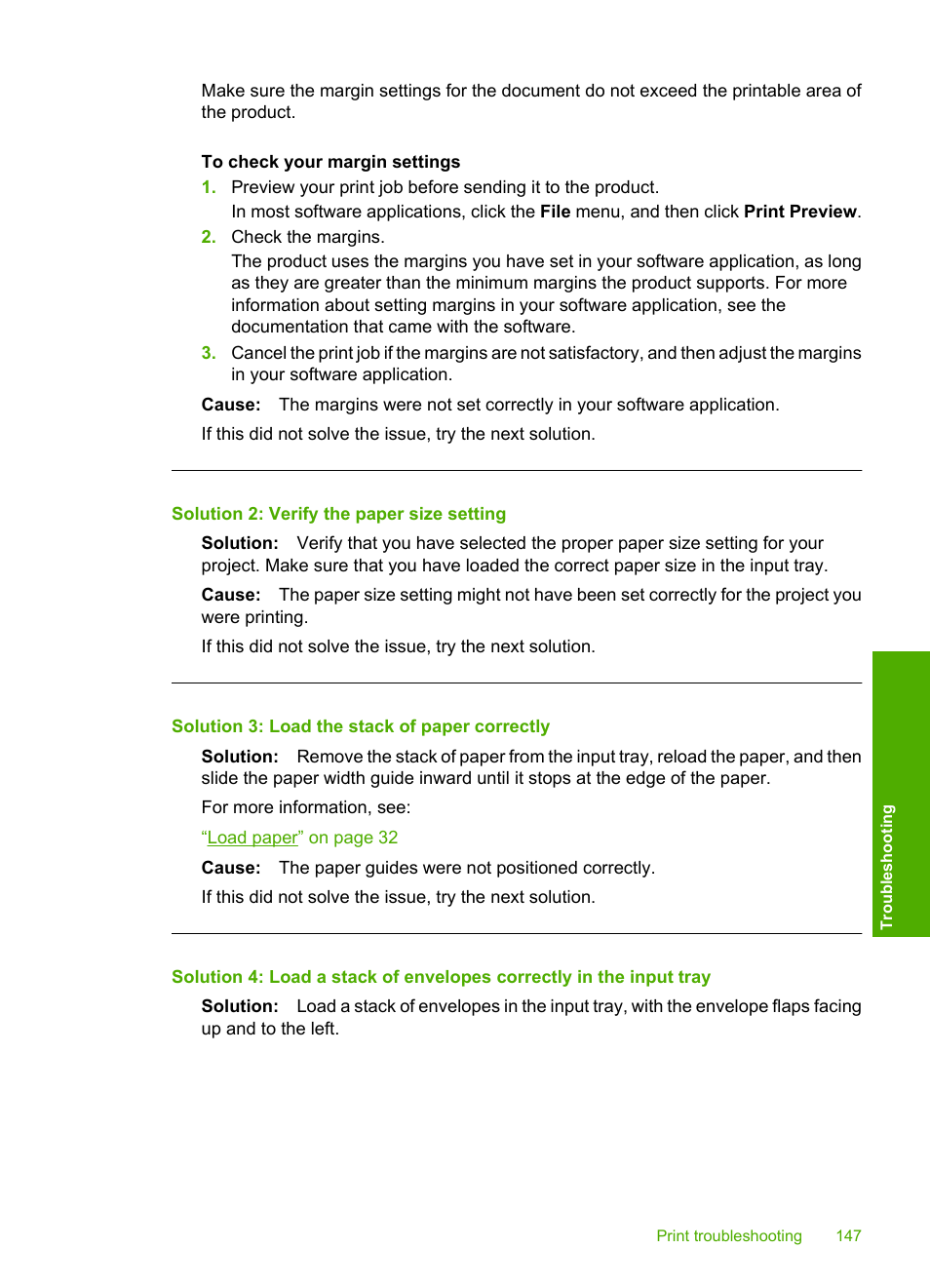 Solution 2: verify the paper size setting, Solution 3: load the stack of paper correctly | HP Photosmart C4344 All-in-One Printer User Manual | Page 150 / 317