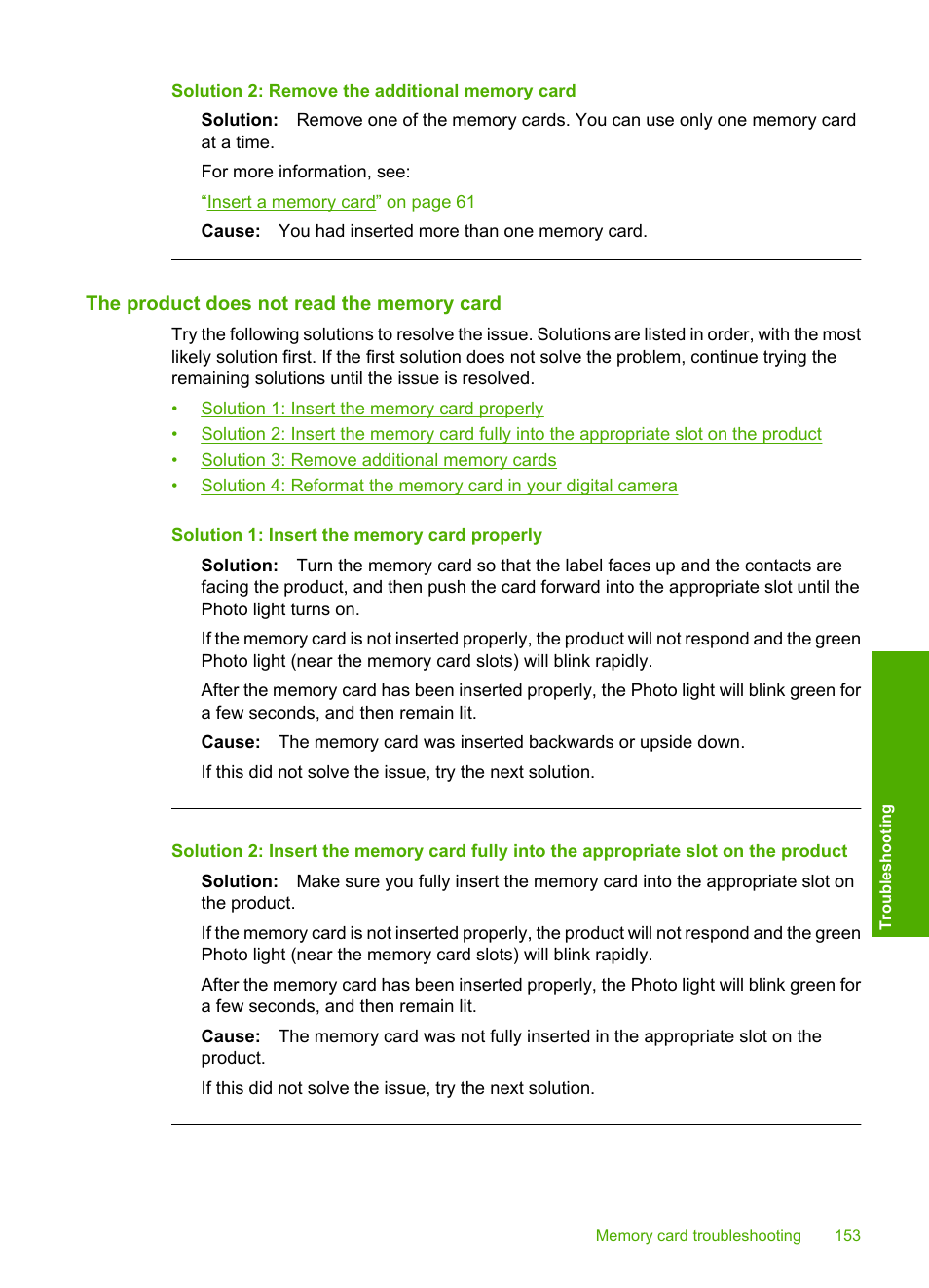 The product does not read the memory card, Solution 2: remove the additional memory card | HP Photosmart C4344 All-in-One Printer User Manual | Page 156 / 317