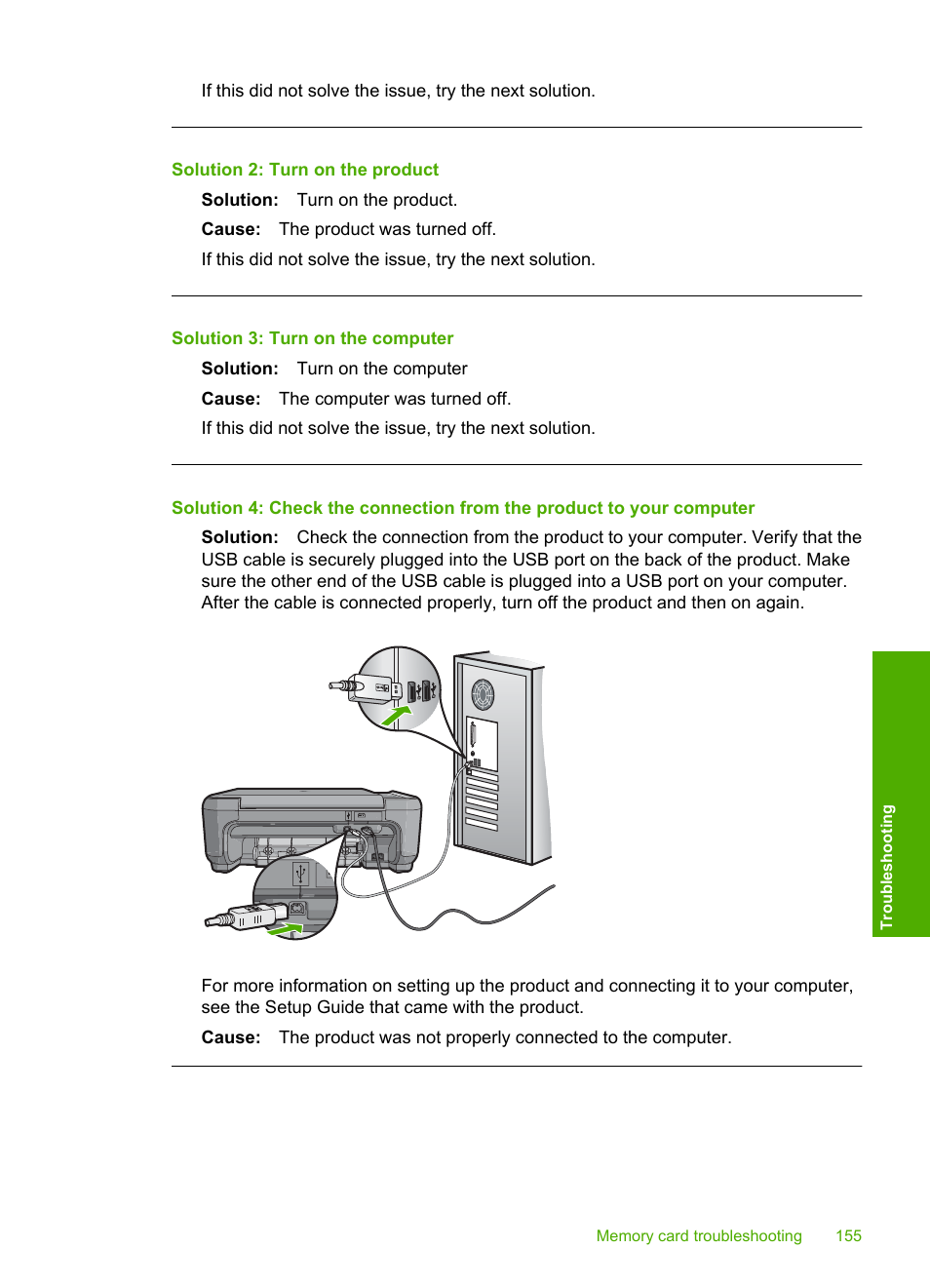 Solution 2: turn on the product, Solution 3: turn on the computer | HP Photosmart C4344 All-in-One Printer User Manual | Page 158 / 317