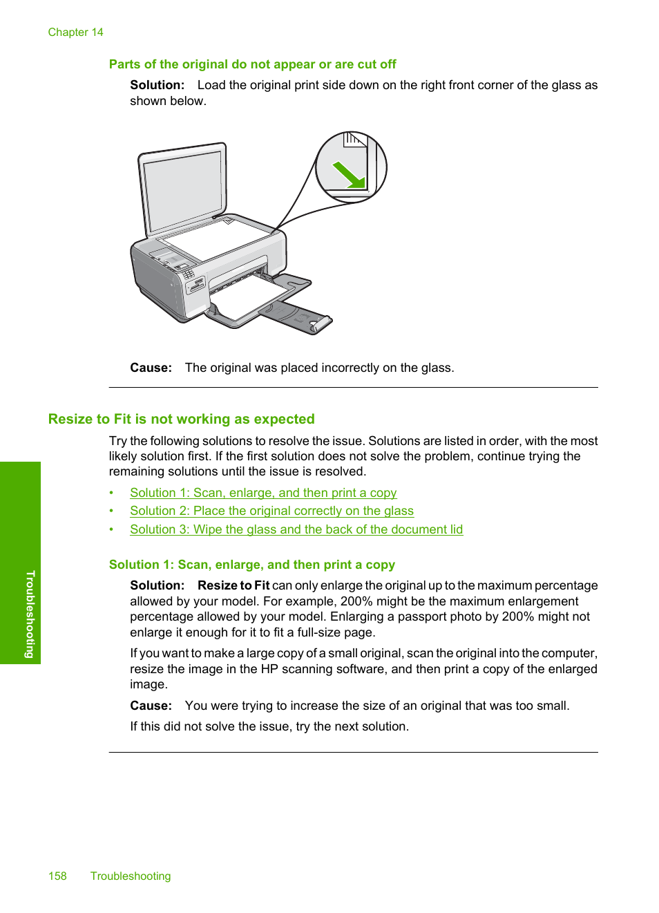 Resize to fit is not working as expected, Parts of the original do not appear or are cut off | HP Photosmart C4344 All-in-One Printer User Manual | Page 161 / 317
