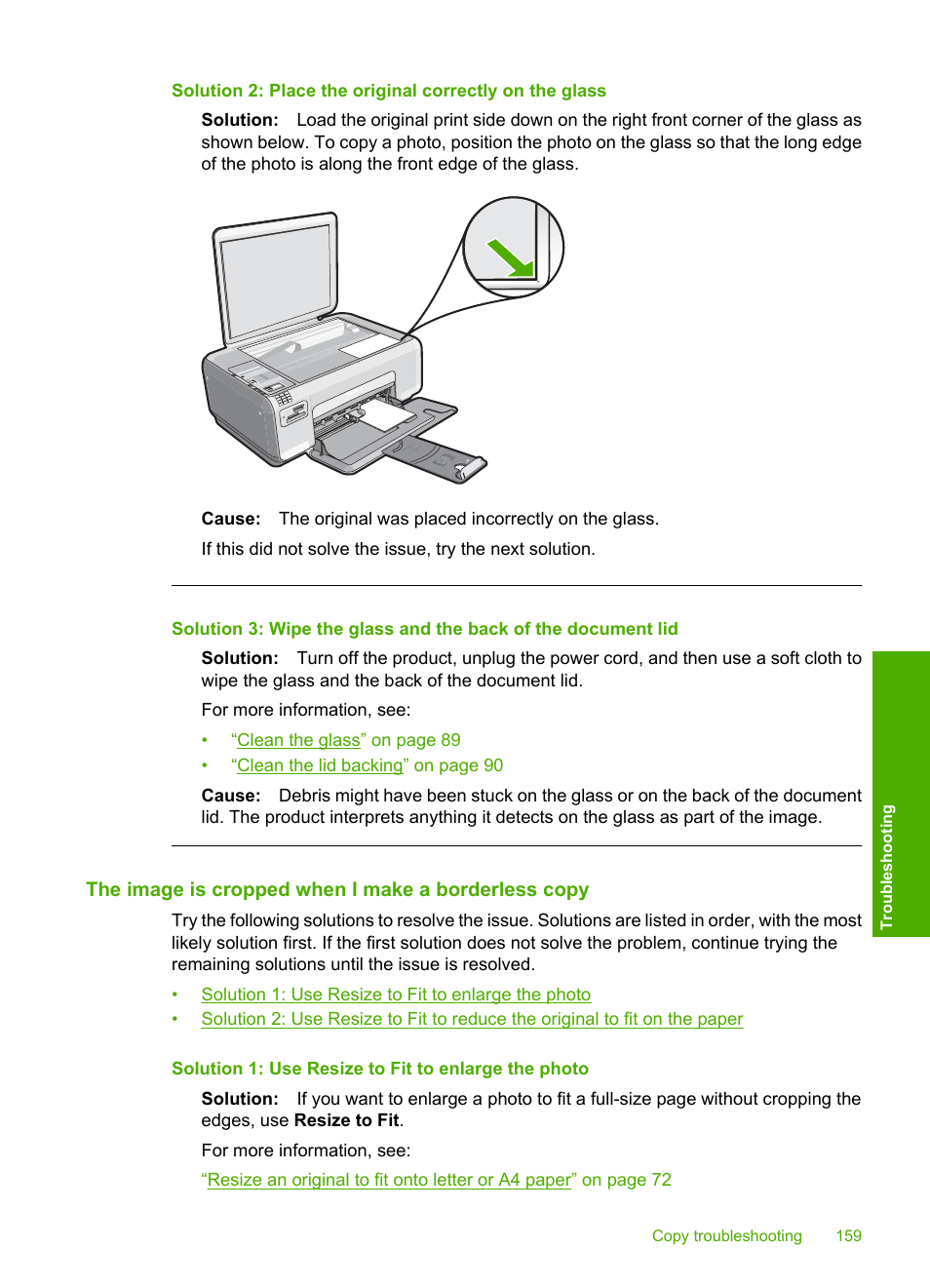 The image is cropped when i make a borderless copy | HP Photosmart C4344 All-in-One Printer User Manual | Page 162 / 317