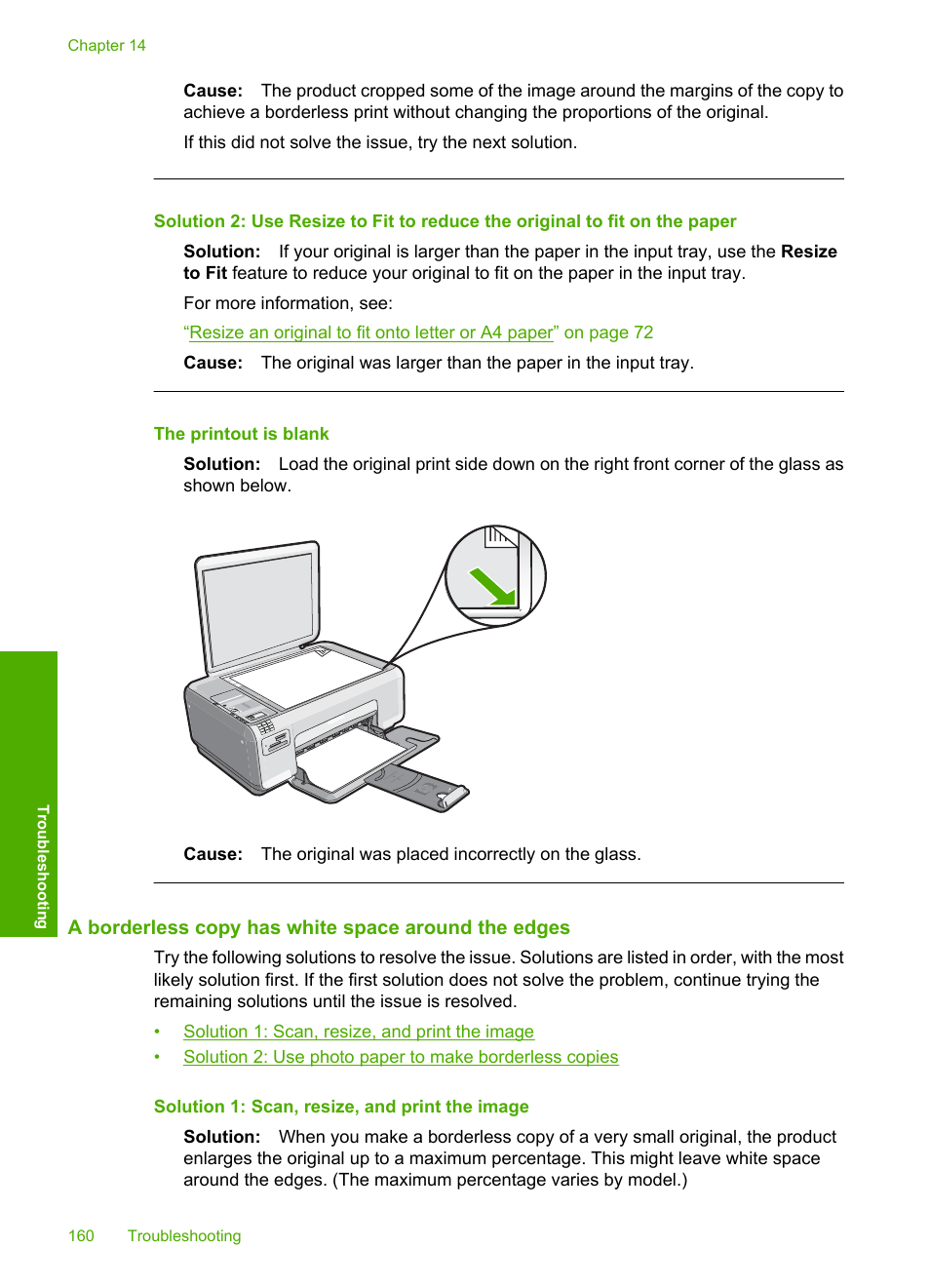 A borderless copy has white space around the edges, The printout is blank | HP Photosmart C4344 All-in-One Printer User Manual | Page 163 / 317