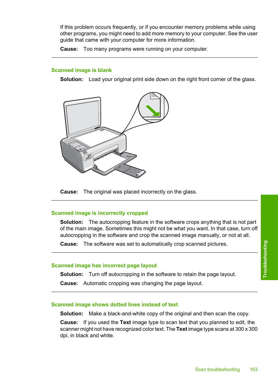 Scanned image is blank, Scanned image is incorrectly cropped, Scanned image shows dotted lines instead of text | HP Photosmart C4344 All-in-One Printer User Manual | Page 166 / 317