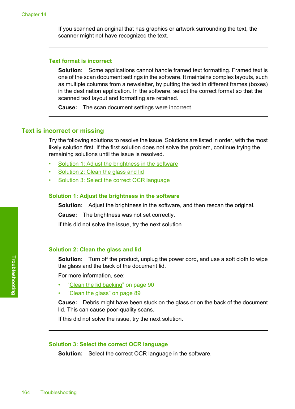 Text is incorrect or missing, Text format is incorrect | HP Photosmart C4344 All-in-One Printer User Manual | Page 167 / 317